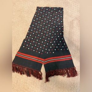 DKYN - Unisex silk blue scarf with red/white diamond print & fringes 10”W x 50”L